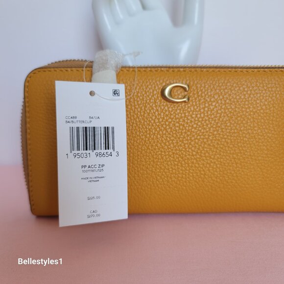 COACH Pebble Leather Zip-Around Accordion Wallet with Back-Slip Pocket-Buttercup - Picture 15 of 16